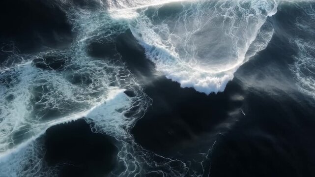 Aerial View of Turbulent Ocean Waves and Swirling Sea Foam