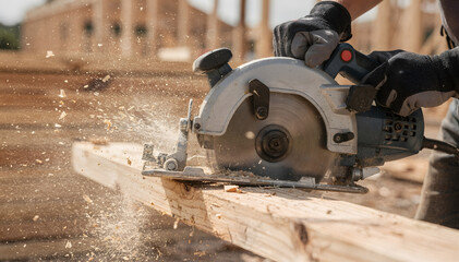 Close-up of a power saw cut wood plank on a construction site, with sawdust flying around, emphasizing hard work, craftsmanship, and building progress