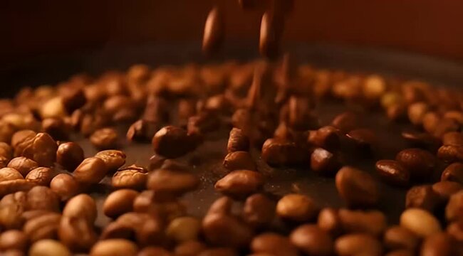 Roasted coffee beans being dropped onto a surface with warm, rich colors