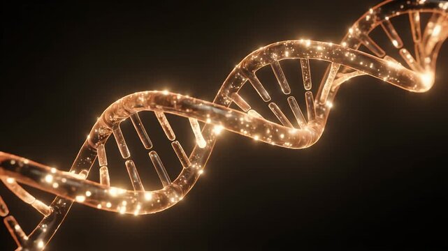 A glowing 3D render of a DNA double helix with sparkling particles against a dark background.