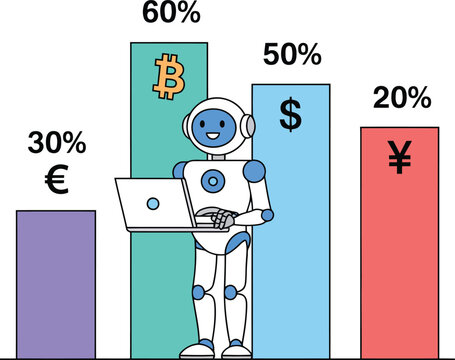 A robot standing next to a graph with different currencies