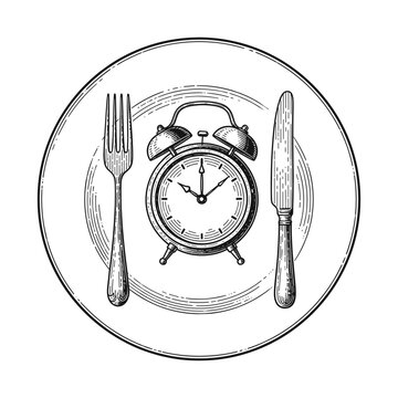 Alarm Clock on Plate with Fork and Knife, Diet Sketch