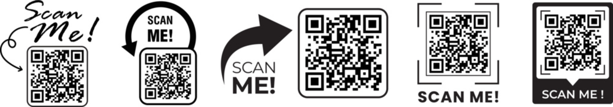 QR code scan icon set. Scan me collection with QR codes. Qrcode icon for mobile app isolated on transparent background.