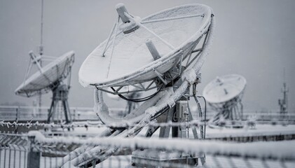 Obraz premium Snowdusted satellite antennas pointing skyward a single dish clear in the frame with snowy cables and blurred barbed wire fence creating a cold ambiance.