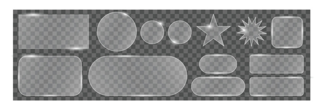 Glass morphism UI shapes set with rounded rectangles circles star and burst elements, transparent glossy interface frames collection vector isolated