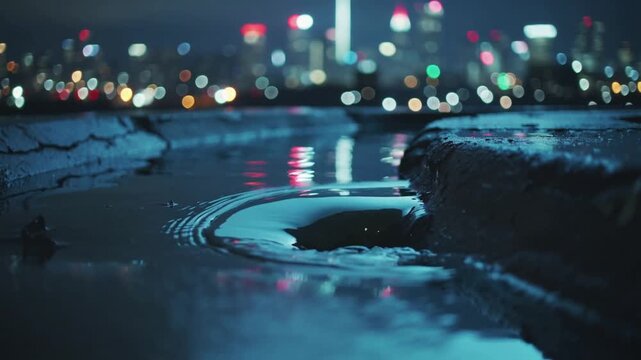 rainy city street at night with puddle and blurred lights