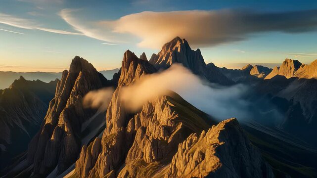 Dramatic mountain range, rugged peaks with clouds, sunrise lighting, aerial view, symbolizing adventure and nature's grandeur
