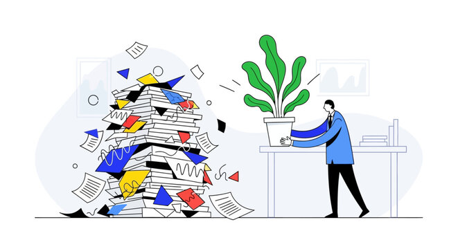 Professional business executive prioritizing workplace wellness and mental health by introducing greenery to a cluttered high-stress document workflow