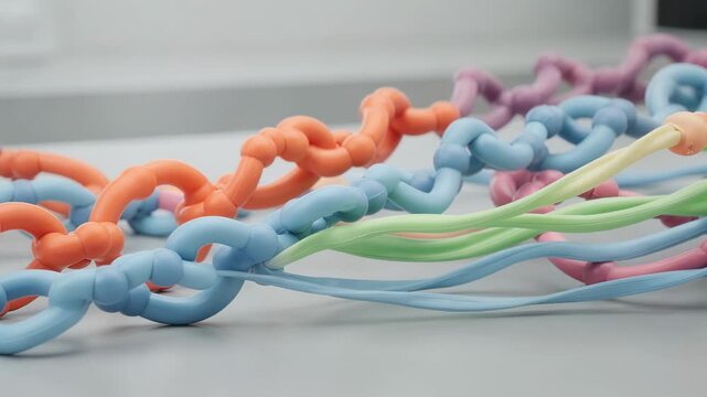 Medium shot closeup of rubber molecular models highlighting loose polymer chains showcasing flexible and unlinked structural arrangement in a scientific illustrative setup.