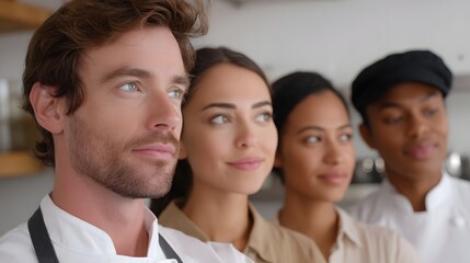 Obraz premium A diverse group of culinary professionals standing together in a kitchen looking forward
