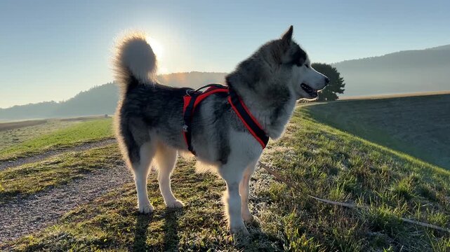 Majestic Alaskan Malamute standing at dawn surveying misty countryside landscape