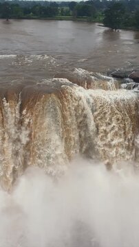 Vertical Aerial View of Chitrakote Waterfalls During Monsoon Bastar Chhattisgarh India