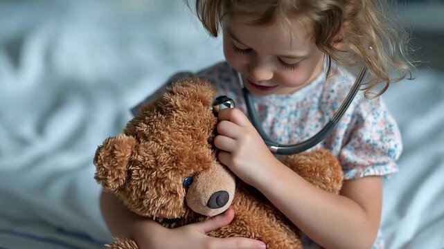 Girl playing doctor with teddy bear and stethoscope in a hospital-themed game setting