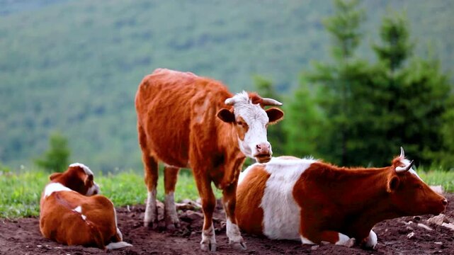 Real footage of a herd of cows ruminating on the grassland