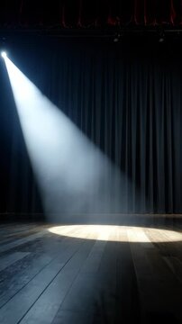 An empty stage with a dramatic spotlight illuminating the wooden floor and dark curtain backdrop, creating a theatrical and intense atmosphere.