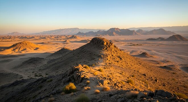 Jabal al-Rumah (Archers' Hill) at Mount Uhud in Medina, Saudi Arabia, featuring warm golden sunlight and long shadows over the historic rocky desert terrain at sunset