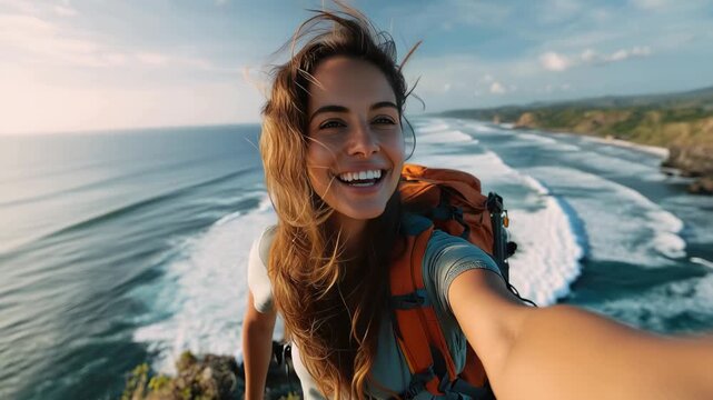 Happy woman backpacker enjoys stunning coastal view while taking a selfie during sunset on a beautiful adventure trip