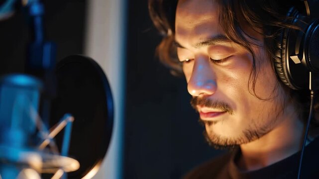 Handsome Asian man records captivating podcast in home studio during evening hours with professional microphone setup