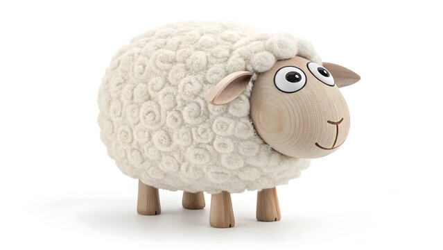 Adorable White Wool and Wood Sheep Decoration with Cartoon Eyes High Quality 7k