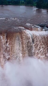 Vertical Aerial View of Chitrakote Waterfalls During Monsoon Bastar Chhattisgarh India