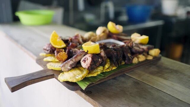 Delicious traditional platter featuring a variety of grilled meats, sausages, and fried plantains served on a wooden board with citrus wedges
