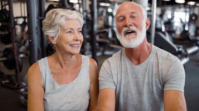 Happy elderly couple sitting together in a gym while enjoying the moment and looking at the camera with smiles on their faces