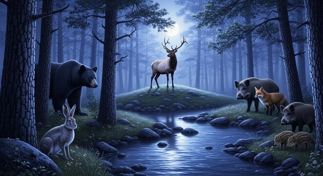 Nocturnal scene with various animals including a deer, bear, boars, rabbit, and fox, by a calm river under the bright moon, showcasing wild nature