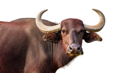 Fotobehang Buffel Isolated water buffalo headshot with majestic curved horns looking directly at camera  © Isadora
