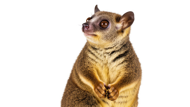 Isolated Kinkajou Potos flavus, arboreal mammal standing curiously on its hind legs
