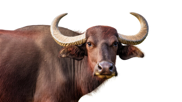 Isolated water buffalo headshot with majestic curved horns looking directly at camera