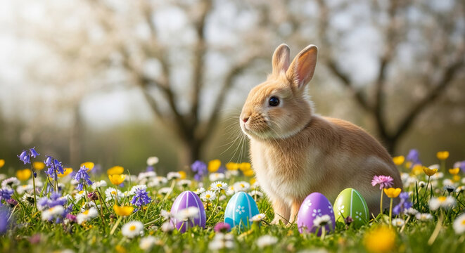 Furry light brown rabbit in meadow with colorful egg, representing spring, rebirth, and Easter celebration, symbol of fertility and new life