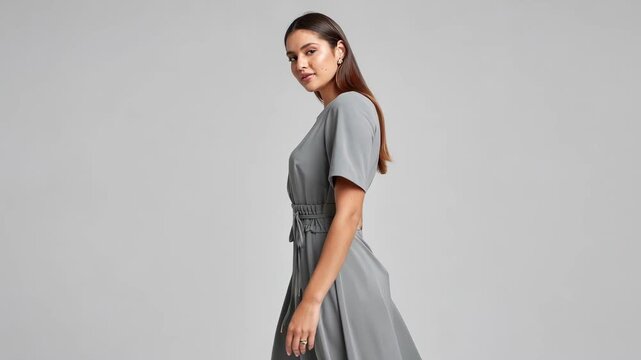 Medium shot capturing a model wearing a dress with an adjustable waist highlighting versatile fit and personalized style for diverse body shapes in contemporary clothing.