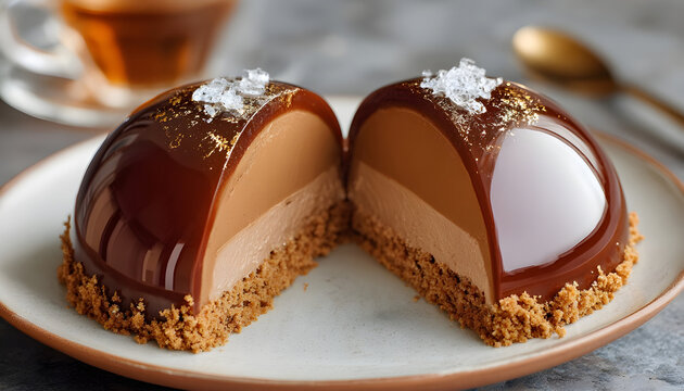 Shiny mirror glaze mousse dome. Brown glazed cake cut in two halves. Modern french pastry.