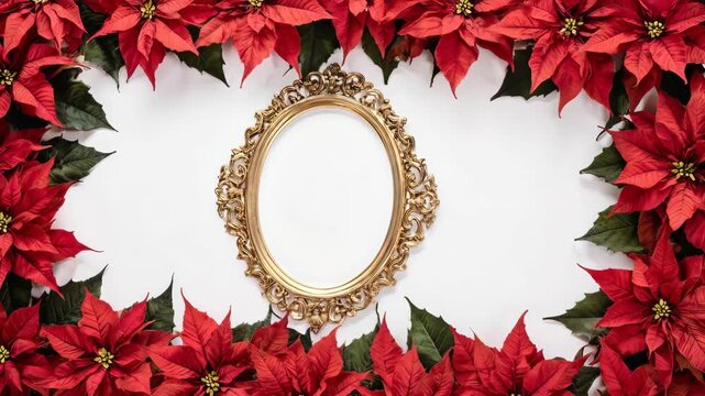 Elegant Golden Oval Frame Surrounded by Vibrant Red Poinsettia Flowers on White Background.