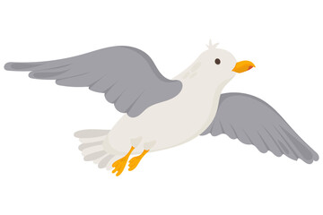 Obraz premium Flat vector illustration of flying seagull with spread wings. Coastal seabird isolated element for beach, ocean, seaside travel and summer vacation design
