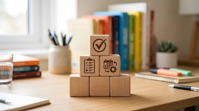 Wooden Blocks with Planning Icons on a Desk