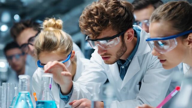 Group of young scientists engaged in experiments in a vibrant laboratory environment during the day