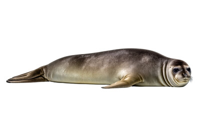 Fototapeta premium Isolated adorable sleek-bodied seal resting quietly, showcasing its smooth fur and curious eyes.