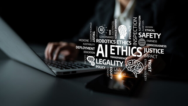This image captures the themes of AI ethics and legality, highlighting safety, justice, and governance in technology impact on societal norms and values. Tessel