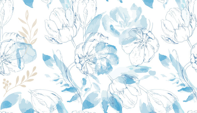 Elegant blue floral watercolor seamless pattern for fabric and wallpaper design