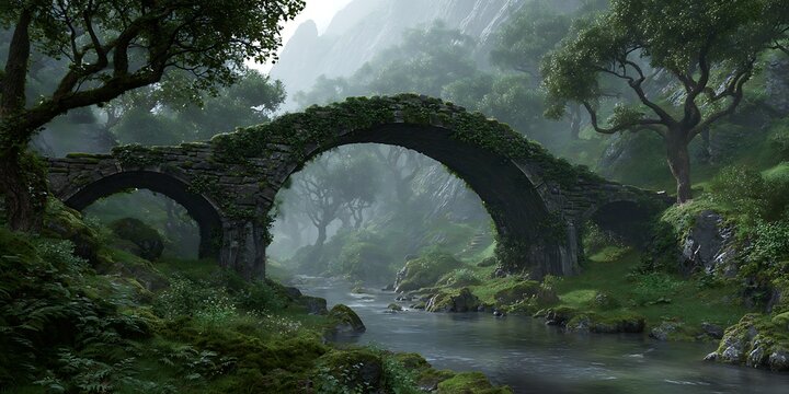Enchanted Forest Stone Bridge in Rainy Woods