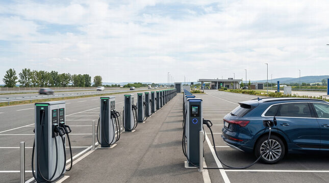Electric Car Charging At Large Highway EV Fast Charging Hub With Multiple Charging Stations Supporting Clean Energy Transportation