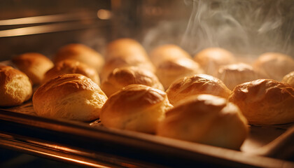 Profiteroles baking in oven. Timelapse of profiterole production. Homemade food growth in oven. Bakery concept. Brewing cake