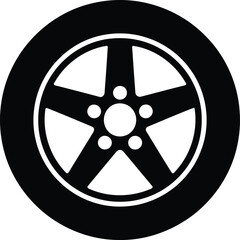 Car wheel icon with five spoke alloy rim and rubber tire vector illustration isolated on white background for automotive design.