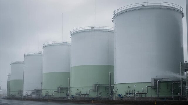 Cloudy day medium shot of large biobased feedstock storage tanks emphasizing sustainable organic intermediates with soft diffused light and overcast atmosphere.
