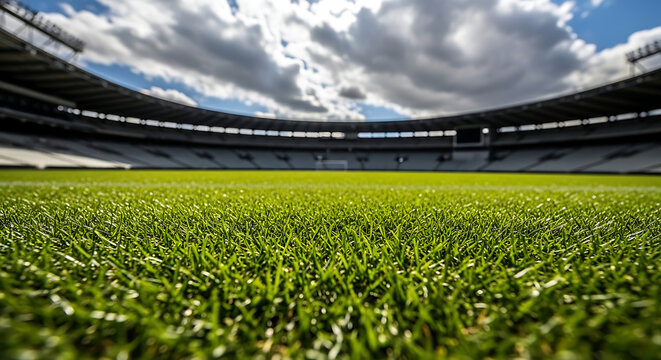 Empty soccer stadium field perspective with football field with wide angle with arena seats