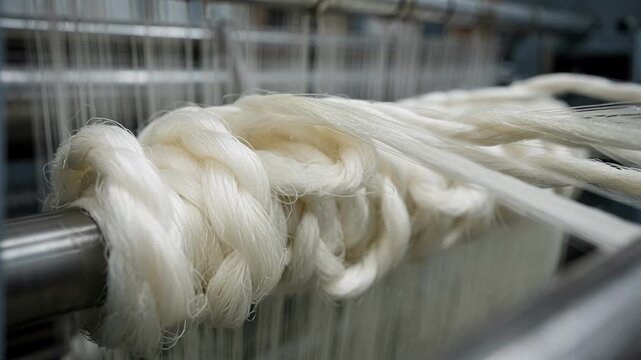 Closeup medium shot showcasing bulked nylon filaments being processed with falsetwist texturizing emphasizing volume and softness in synthetic fabric manufacturing.
