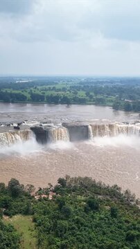 Vertical Aerial View of Chitrakote Waterfalls During Monsoon Bastar Chhattisgarh India