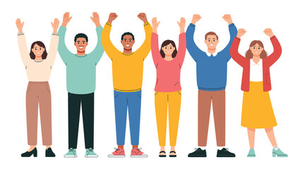 Fototapeta premium Six diverse people standing side by side with arms raised in joyful celebration, symbolizing unity, enthusiasm, teamwork, and community engagement in modern vector illustration