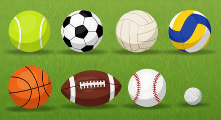 Collection of eight different sports balls arranged on a green surface, illustration, tennis ball, soccer ball, golf ball